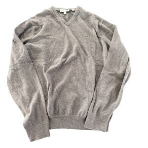 Lacoste V Neck Sweater Gray Cotton Croc Logo Mens Small AH7003 Classic